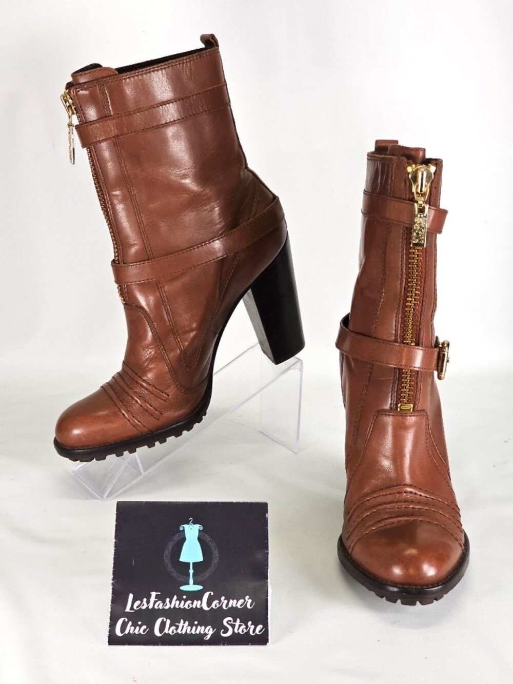 Michael Kors Women's Brown Leather High Heel Mid Calf Boots Size 10W 302